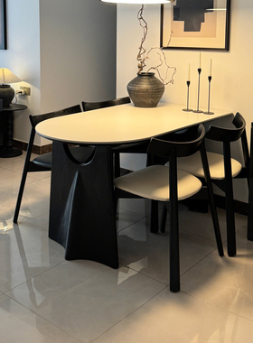 纯白岩板餐桌家用高端小户型长方形半圆靠墙飞鸦法式实木岩板餐桌