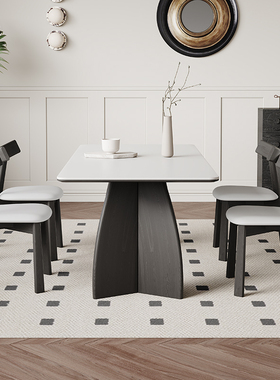 法式复古纯白岩板餐桌现代简约白蜡木家用饭桌长方形黑色实木餐桌