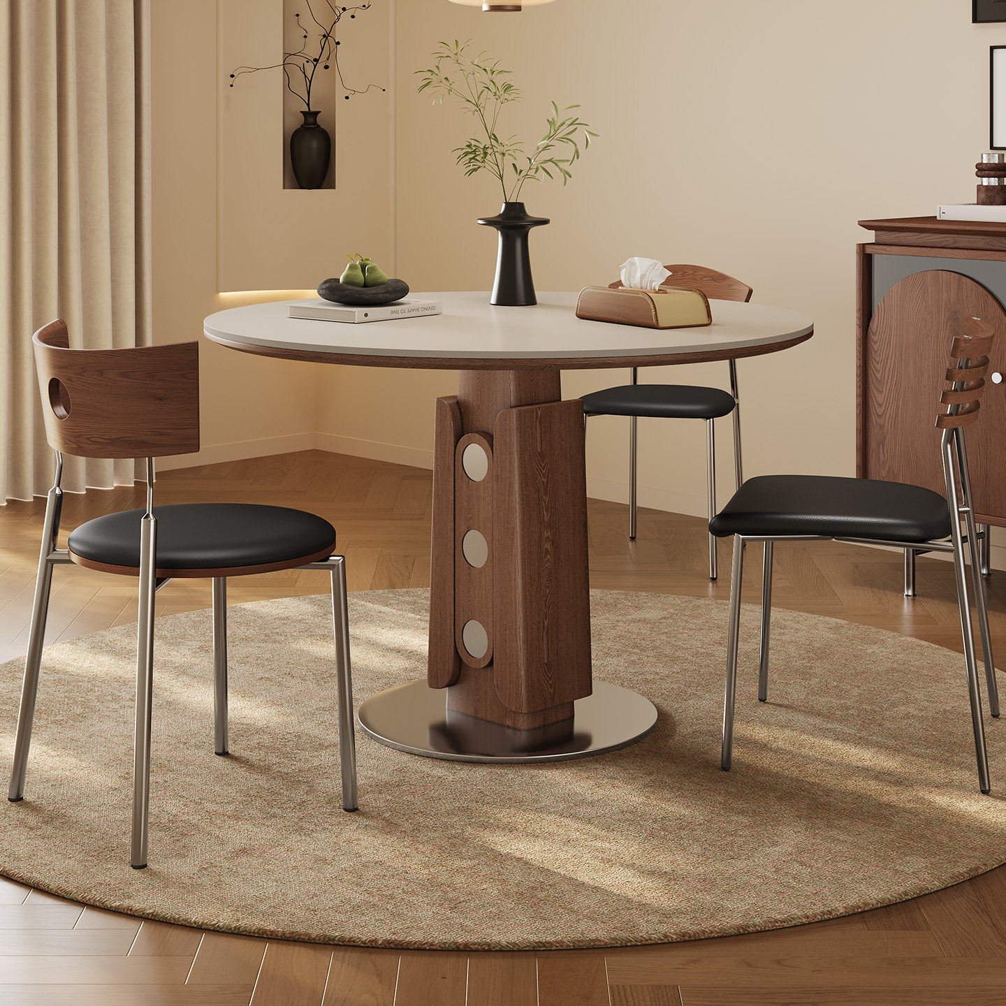 实木餐桌中古风胡桃木色小户型餐厅家用圆桌2026新款哑光岩板餐桌,住宅家具,岩板餐桌,淘宝优惠券,粉丝福利购,淘宝优惠卷