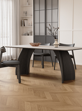 纯白岩板餐桌法式复古风小户型客厅黑色长方形玛奇朵实木岩板餐桌