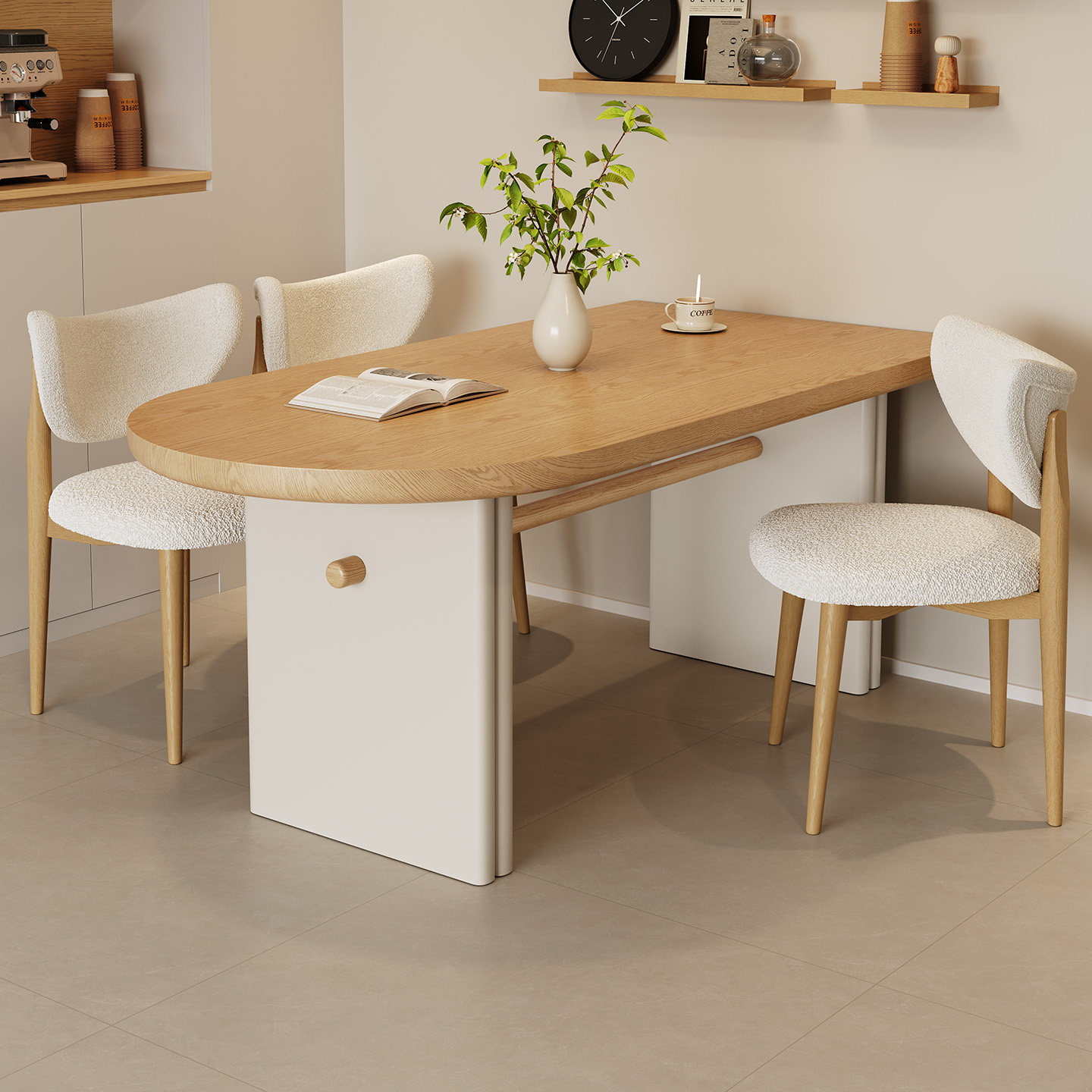 奶油原木风餐桌小户型家用2026新款半圆长方形靠墙岛台实木大板桌