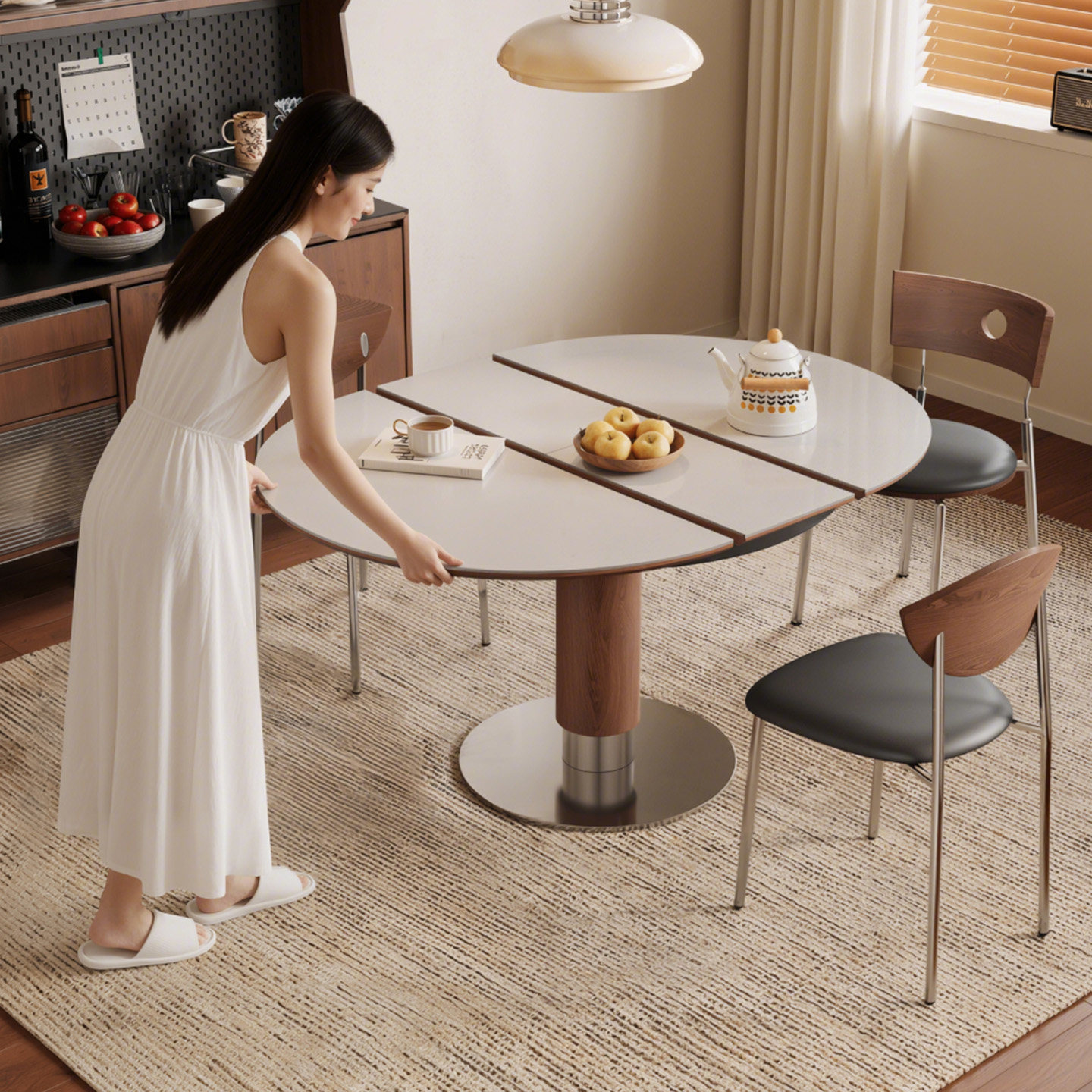 伸缩岩板餐桌中古风家用小户型多功能折叠长桌现代简约可变圆桌