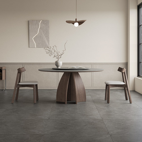 侘寂风带转盘实木岩板圆桌