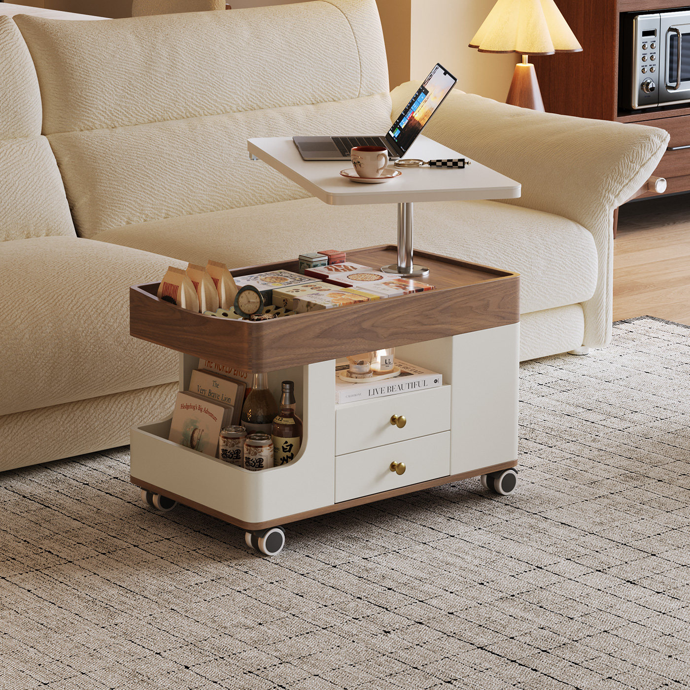 2025新款可移动升降茶几中古奶油风高级感边几家用客厅小户型推车,住宅家具,角几/边几,淘宝优惠券,粉丝福利购,淘宝优惠卷