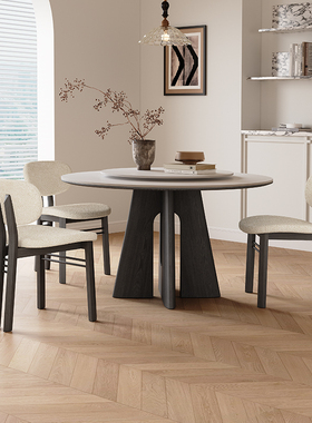 复古纯白岩板餐桌圆形设计师新款饭桌1.2米白蜡木黑色实木圆桌椅