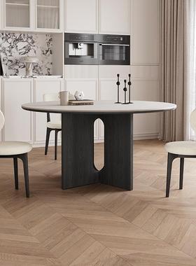 黑色实木圆桌家用小户型带转盘1.2米新款法式复古风纯白岩板餐桌