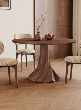 中古风实木餐桌圆形小户型设计师2025新款胡桃色全托实木家用圆桌