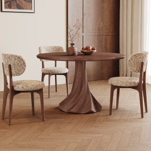中古风实木餐桌圆形小户型设计师2026新款 胡桃色全托实木家用圆桌