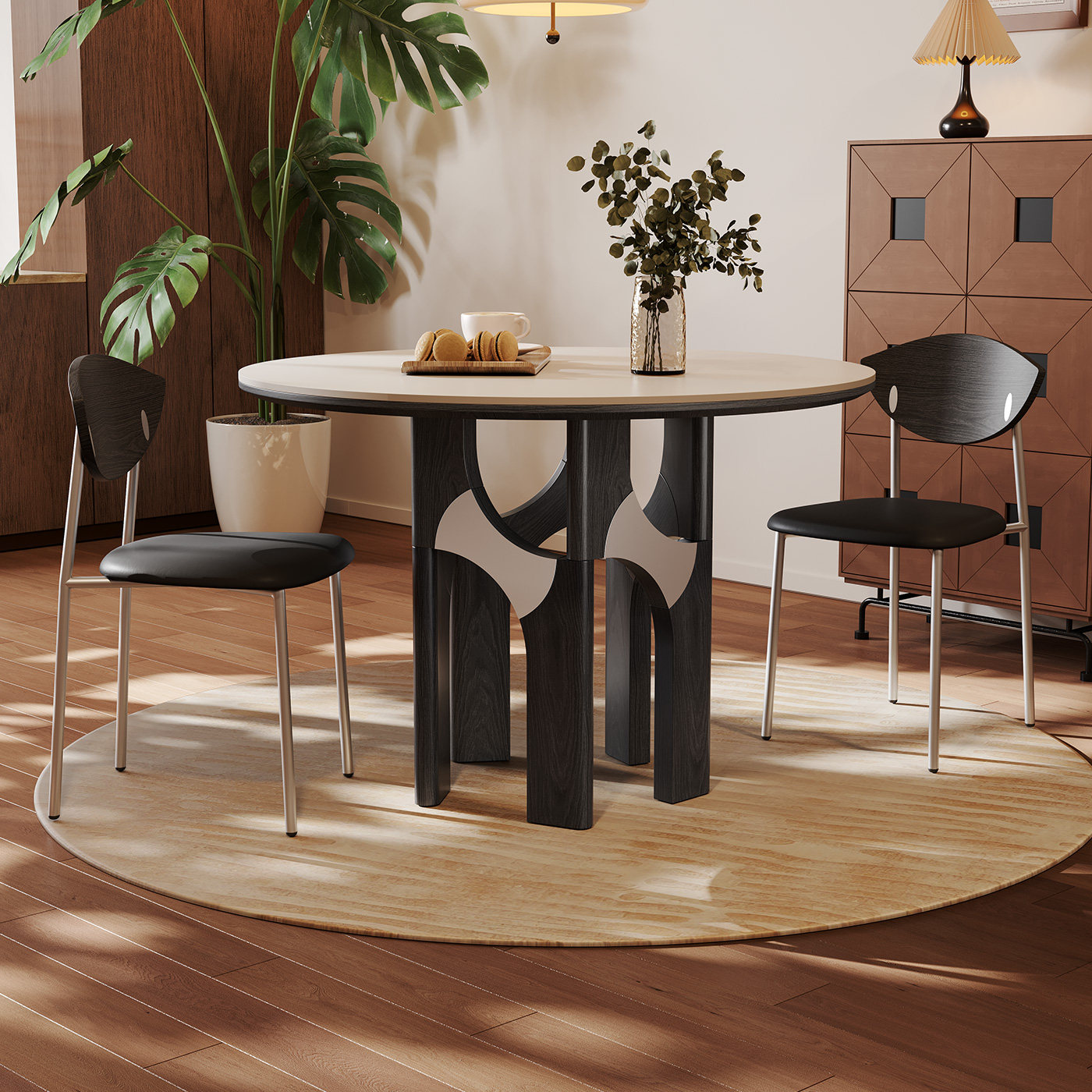 奥古斯特复古岩板餐桌圆形家用1.2米小户型意式极简黑色实木餐桌