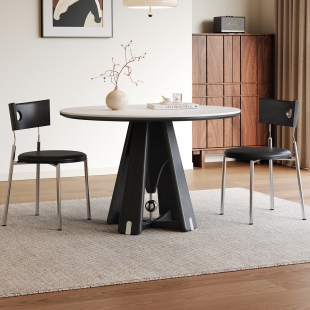 圆形实木餐桌家用小户型复古风2025新款1.2米包豪斯哑光岩板圆桌