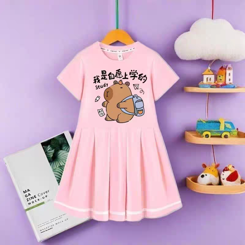 女童T恤百褶裙纯棉儿童短袖连衣裙夏季小孩宝宝卡皮巴拉甜美裙子