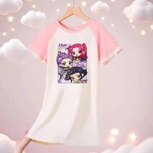 猎魔女团粉插白女童睡裙夏季新款儿童睡衣女孩睡袍长裙宝宝家居裙