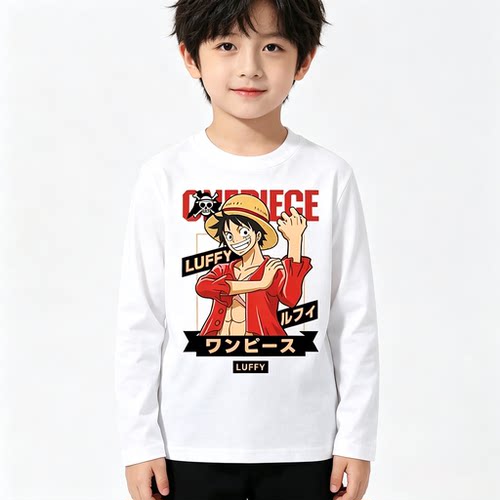 ONE PIECE衣服海贼王路飞长袖T恤秋冬季儿童纯棉打底衫圆领上衣