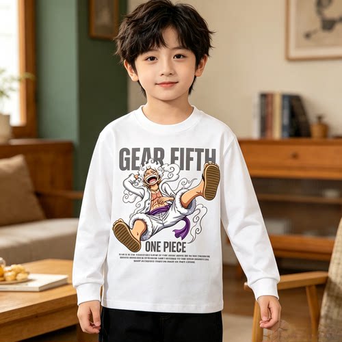 ONE PIECE衣服海贼王路飞长袖T恤秋冬季儿童纯棉打底衫圆领上衣