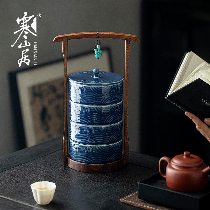 寒山居中式提梁茶点盒陶瓷实木果盘收纳盒多层点心盒复古风摆件盒