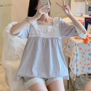 纯棉 公主家居服仙女睡衣春秋短袖 风套装 甜美女夏宫廷小七分袖 薄款