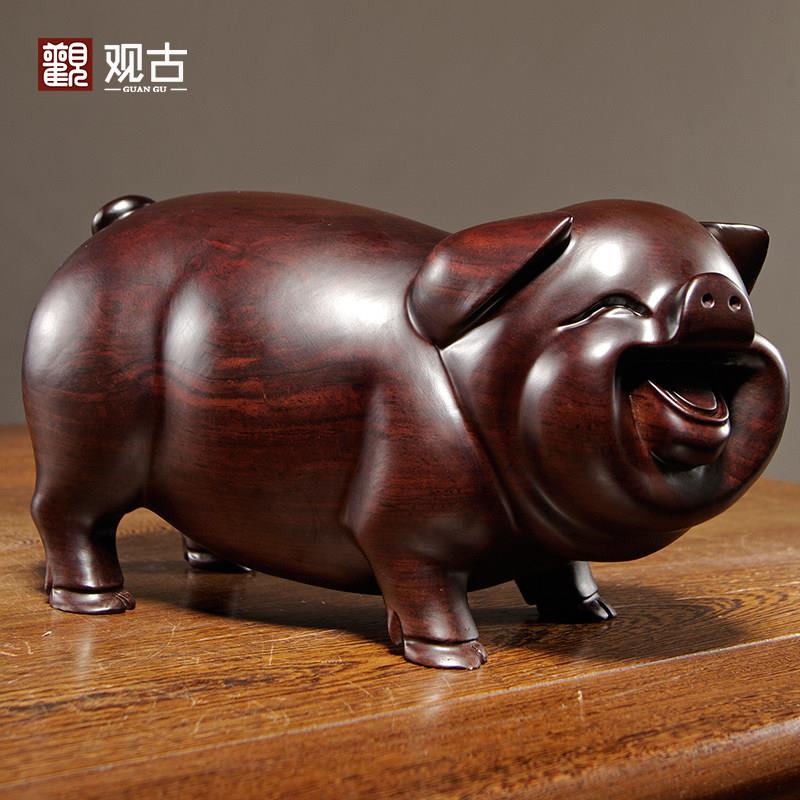 黑檀实木质雕刻一对猪摆件十二生肖木制猪吉祥物客厅装饰工艺品