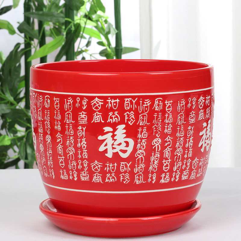 中国风大红色陶瓷花盆喜庆有孔花盆纯红个性创意花盆绿萝吊兰花器,鲜花速递/花卉仿真/绿植园艺,花盆,淘宝优惠券,粉丝福利购,淘宝优惠卷