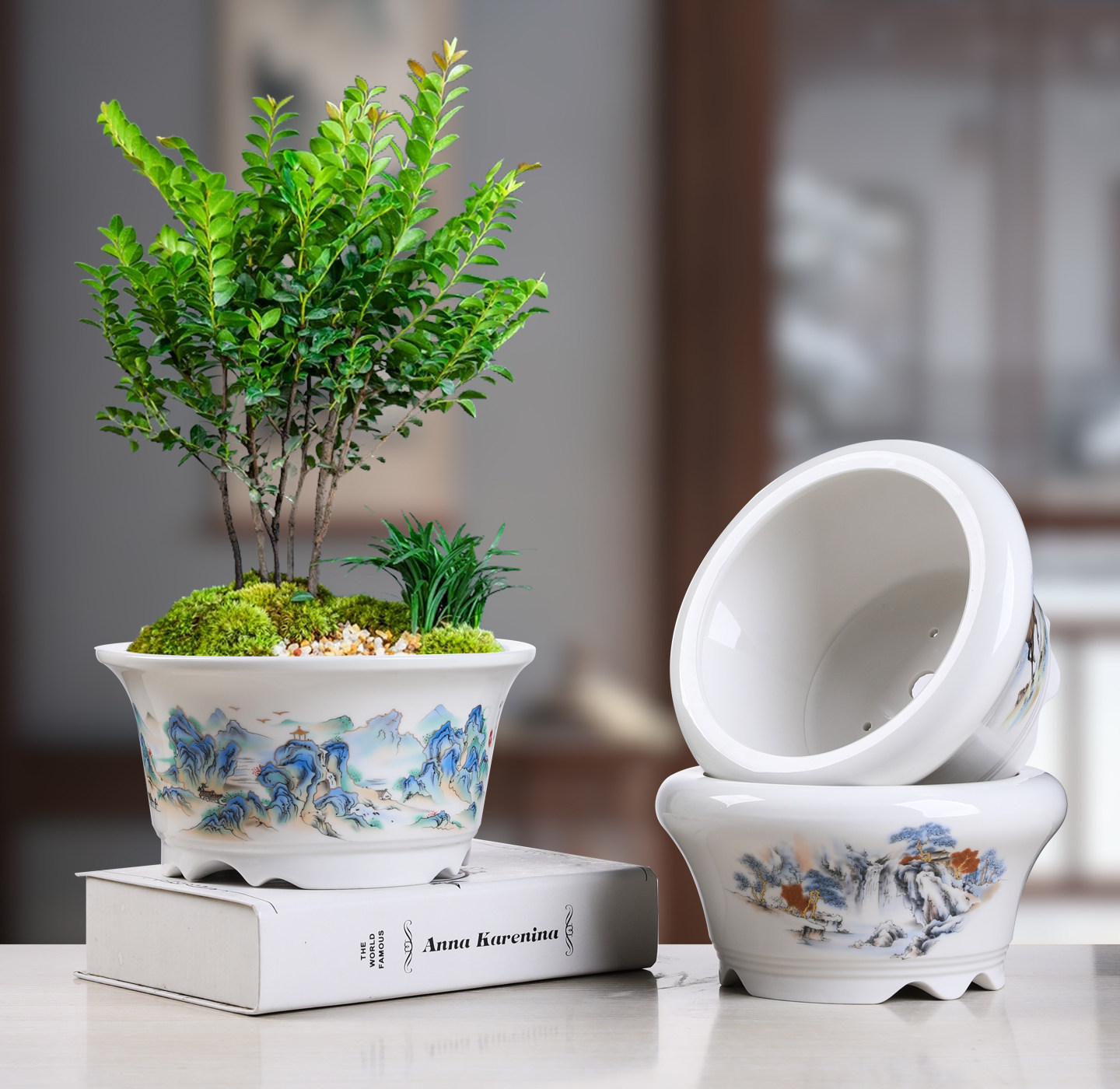 中国风陶瓷花盆大号古典有孔家用桌面白瓷花盆多肉文竹菖蒲六月雪