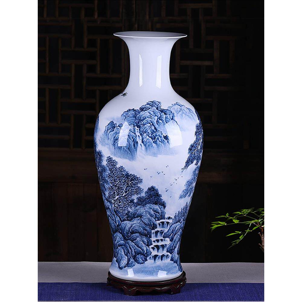景德镇陶瓷器落地花瓶名师手绘大号青花山水中式客厅百搭装饰乔迁
