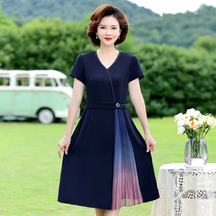 遮肚子阔太太长款 高贵洋气连衣裙中老年女装 裙子 短袖 中年妈妈夏装