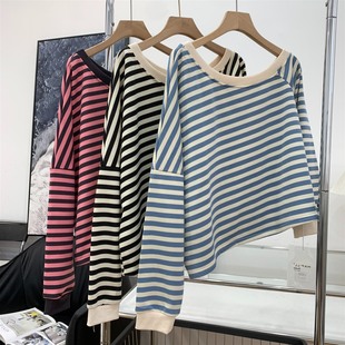 新款 上衣J 时尚 百搭撞色拼接条纹斜肩长袖 韩式 秋季