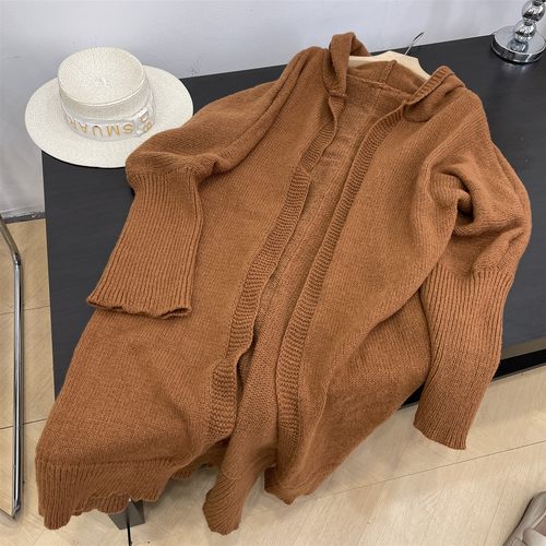 秋冬新款连帽针织开衫长款过膝宽松慵懒毛衣外套女L#14