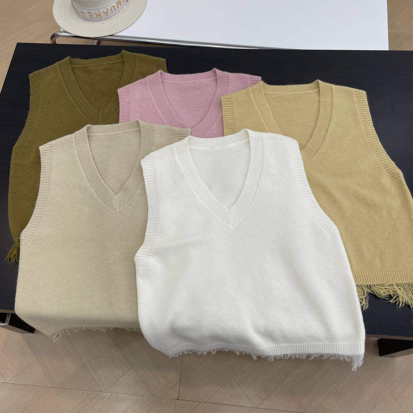 【1】毛衣秋季新款宽松V领套头毛边无袖小众设计上衣女J#10