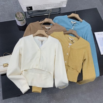 温柔风V领针织衫女春季新款气质高级感短款开衫上衣B#23