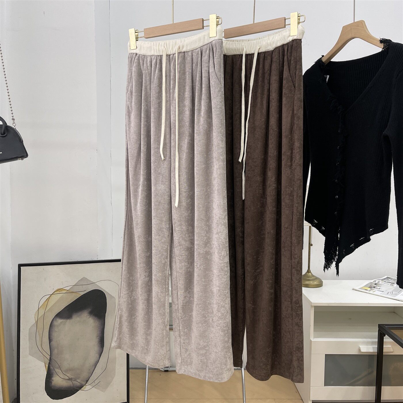 2025秋冬新款撞色慵懒风松紧高腰百搭阔腿休闲裤女 K#16