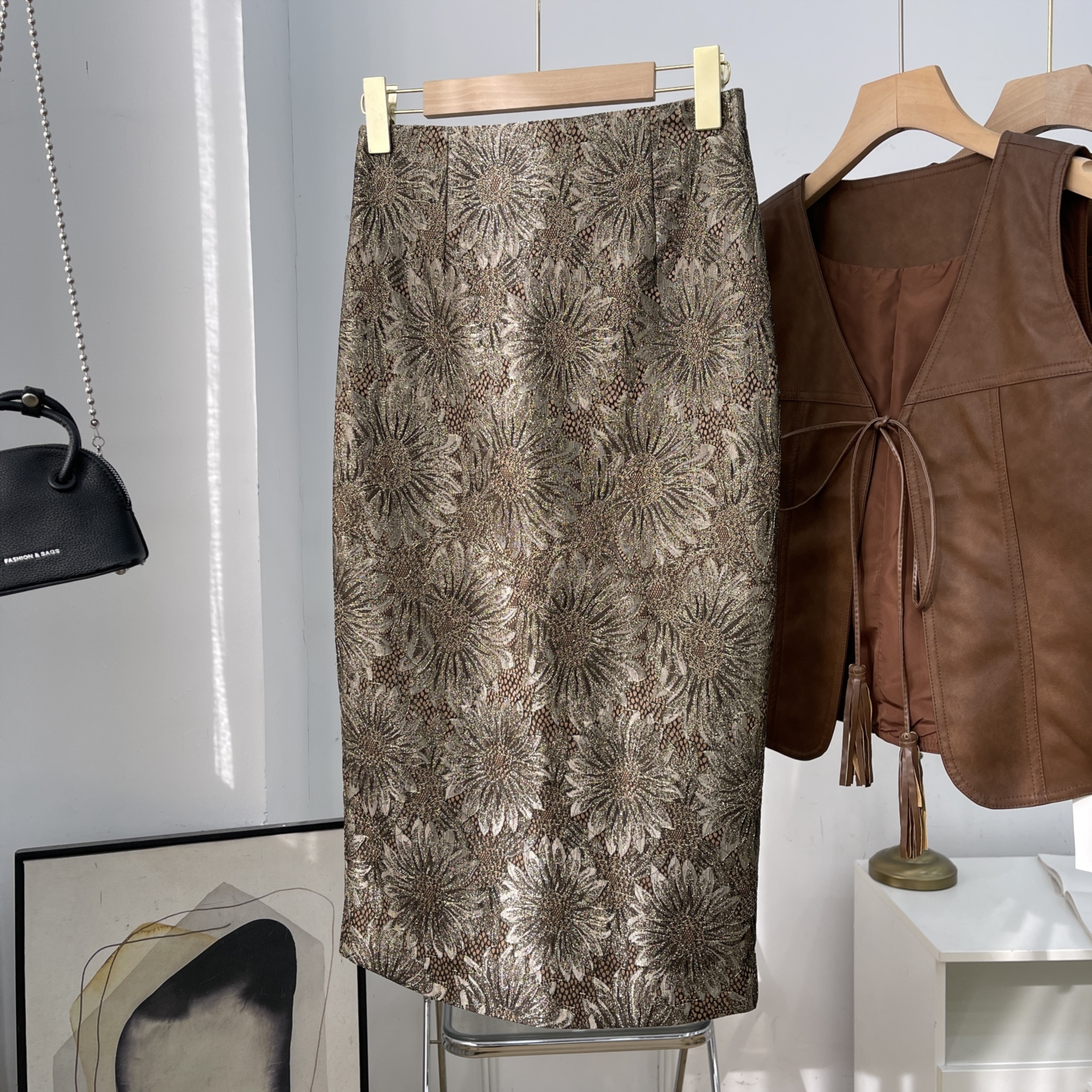 提花醋酸半身裙法式百搭气质修身高腰显瘦开叉包臀裙K#16