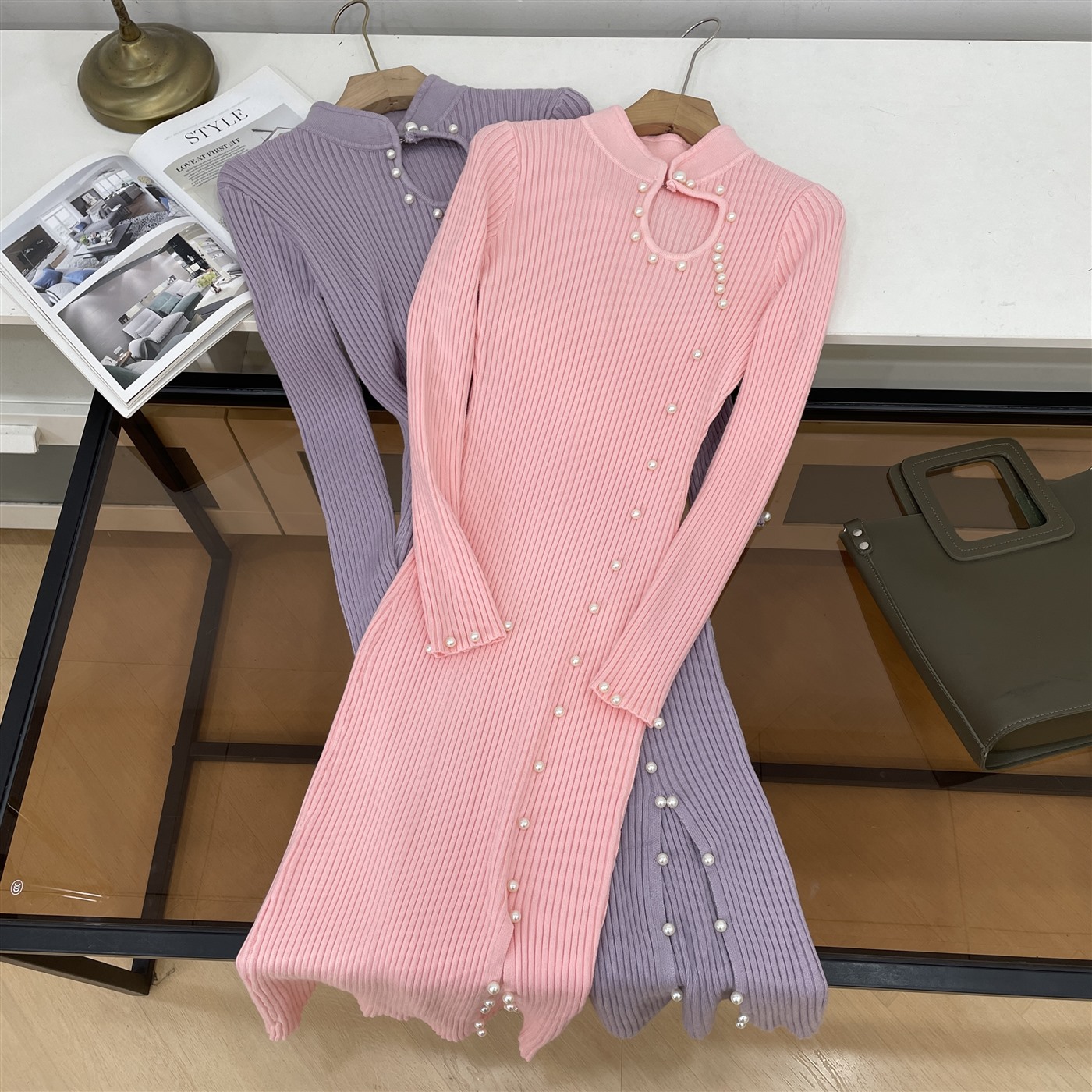 针织连衣裙2025秋季新款纯色修身收腰显瘦小众设计I#23