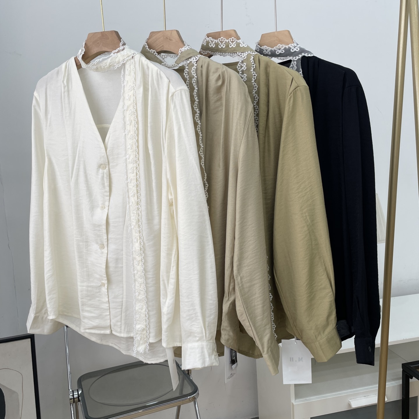 2025年新款法式气质纯色百搭衬衫高级设计蕾丝挂脖I#5