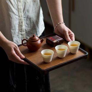 竹编纹干泡盘长方形茶盘竹制席面家用奉茶盘功夫圆形茶台茶托 中式