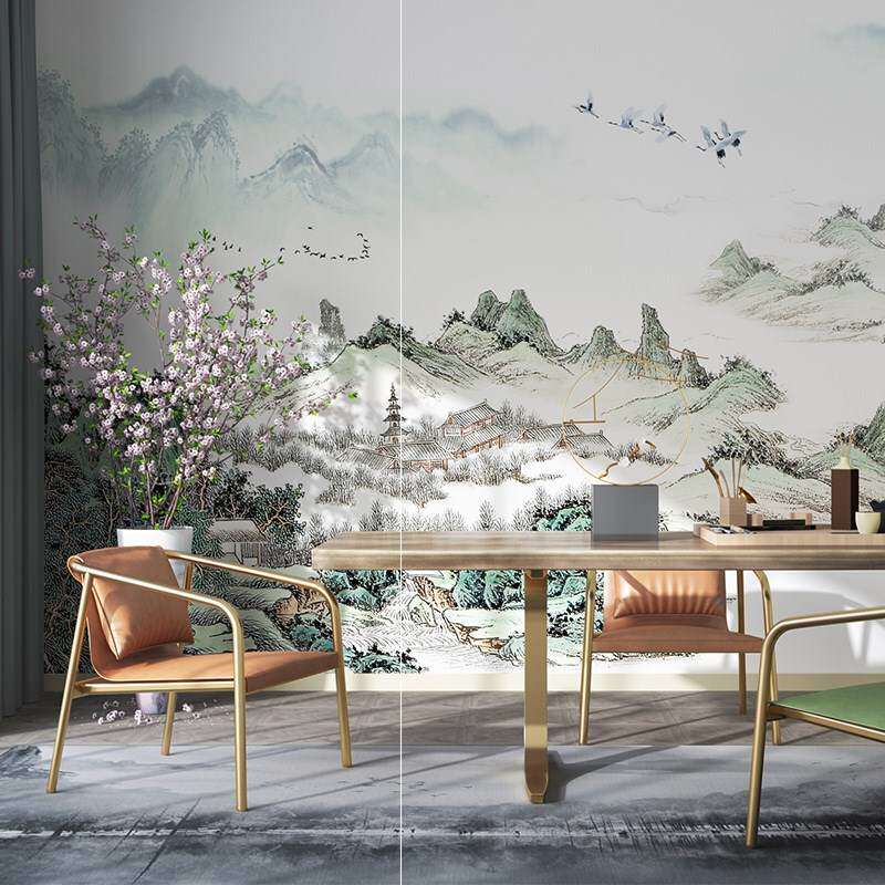 天洋电视背景墙壁布电视墙卧室墙布大气无缝新中式客厅墙壁画