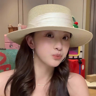 神仙藤井树同款手工钩织草帽大头围法式平顶海边遮阳帽防晒大码