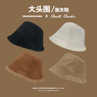 2022新款大头围渔夫帽女秋冬加绒高级感羊羔毛绒帽子适合大脸圆脸