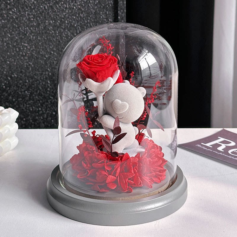 小熊憨憨永生玫瑰花摆件情人节礼物高级感生日表白送女生朋友闺蜜