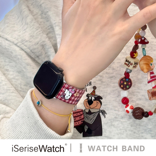 iserisewatch适用苹果手表s11表带applewatch10金属女款 iwatchs9格纹KT猫弹力SE多巴胺夏天41mm透气可爱ultra