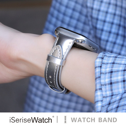 iserisewatch适用iWatchs10表带applewatch9真皮女款苹果手表s8银色个性SE夏天新款41mm创意Ultra高级感6/7代