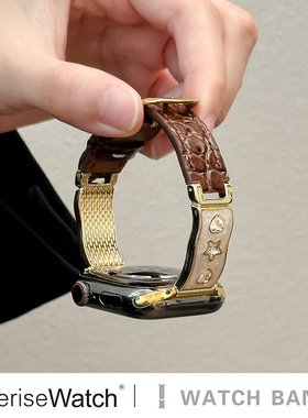 iserisewatch适用applewatch11表带苹果手表s10金属女款iwatchs9鳄鱼纹皮质SE夏季新款41mm高级ultra镶钻s6/7