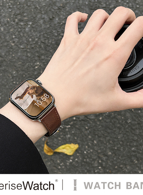 iserisewatch适用苹果手表s11代表带iWatch10真皮女款applewatchs9夏天新款SE复古高级41mm45头层牛皮男Ultra