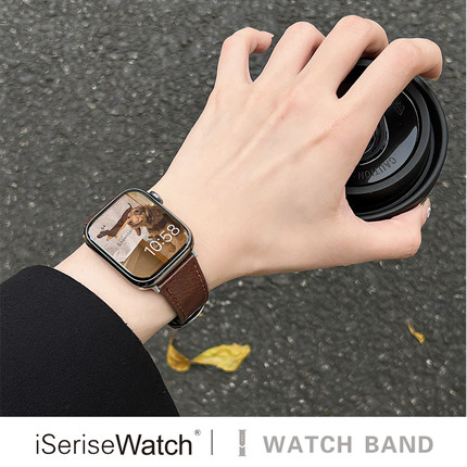 iserisewatch适用苹果手表s11代表带iWatch10真皮女款applewatchs9夏天新款SE复古高级41mm45头层牛皮男Ultra
