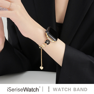 iserisewatch适用于applewatchs11代表带苹果手表10代金属s9表带山茶花女手链iwatch小香风41mm透气夏天高级