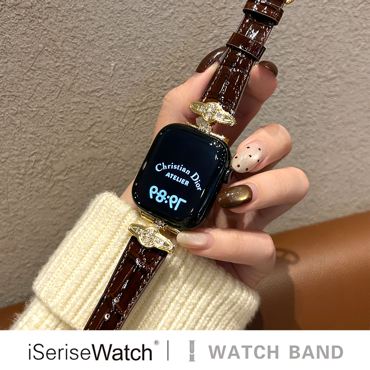 iserisewatch适用iWatchs11表带苹果手表10/12代土星亮面真皮Applewatch秋冬女SE高级感ultra3小众s9创意6/7