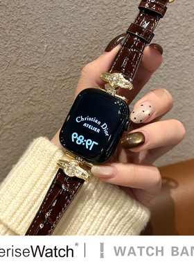 iserisewatch适用iWatchs11表带苹果手表10代土星亮面真皮Applewatch秋冬女SE高级感ultra3小众s9创意6/7