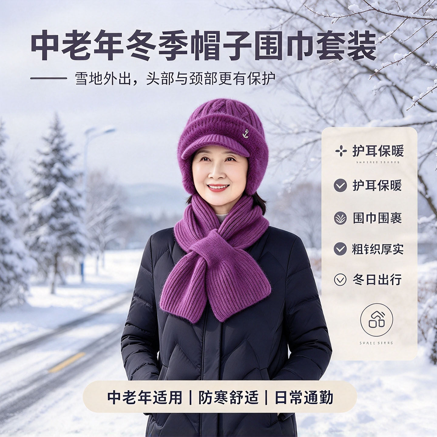 中老年帽子围巾套装秋冬加绒护耳针织帽妈妈防风保暖毛线帽两件套