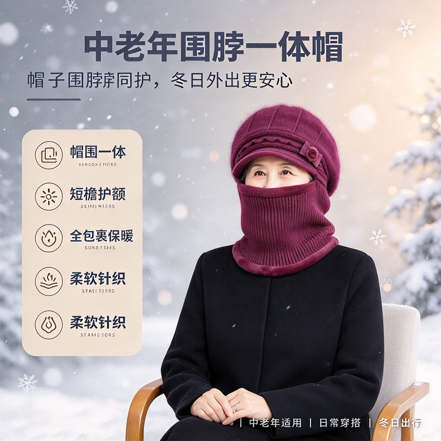 中老年女士帽子围脖一体帽秋冬加绒保暖针织帽妈妈护脸防风套头帽