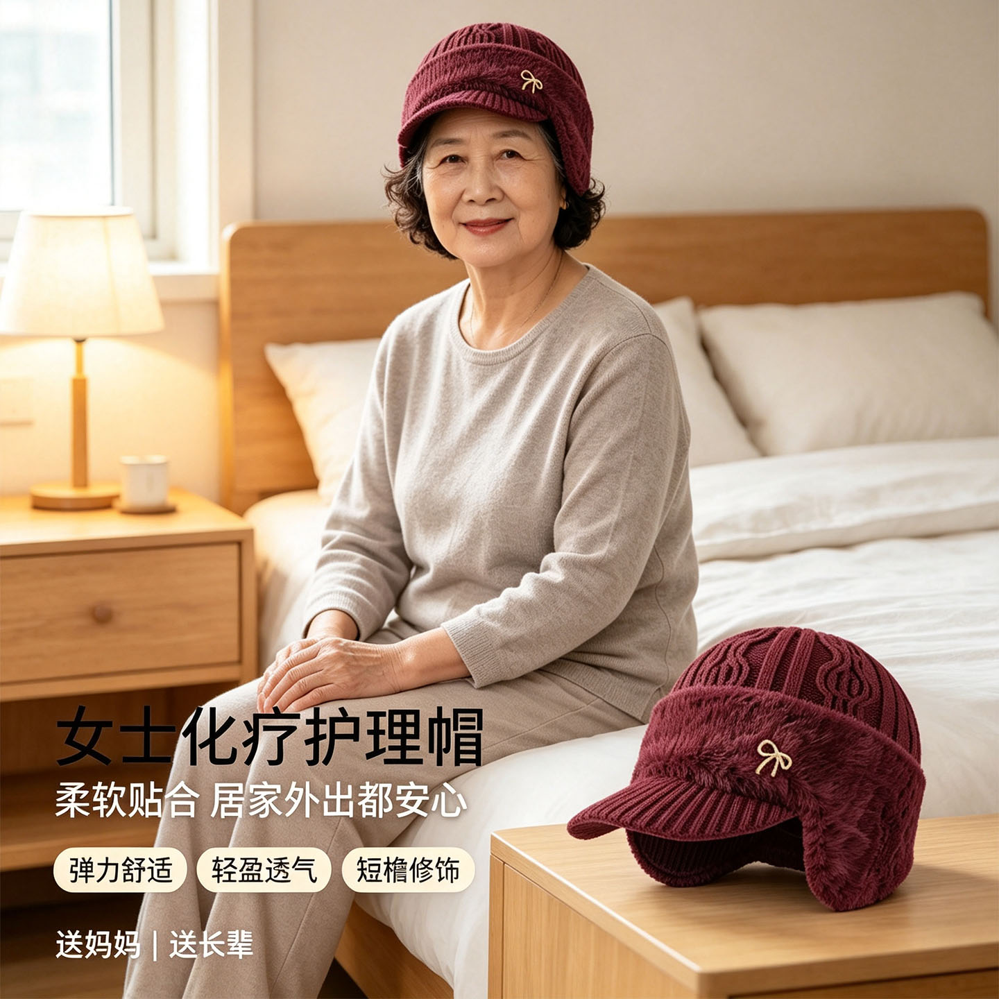 中老年女士化疗护理帽秋冬保暖术后光头帽妈妈针织居家外出防风帽