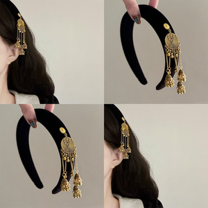 苗疆少女~红色丝绒流苏发箍新中式民族风高颅顶压发头箍复古发饰